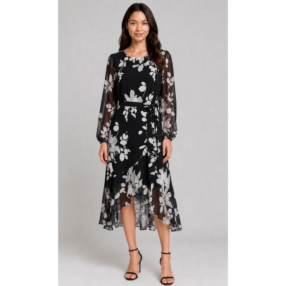 Tommy Hilfiger Womens Black White Floral High Low Midi Dress A5GJ1352 Size 12